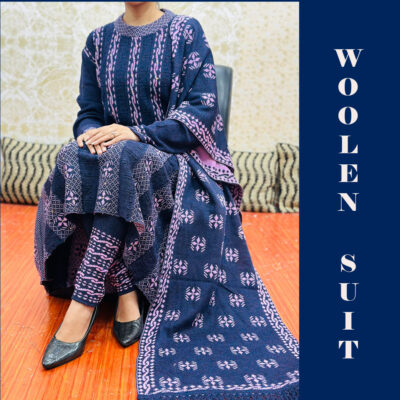 Winter Wear Knitting Stitched Suit With Legging Dupatta Set In Graceful Closed Neck And Panel Design